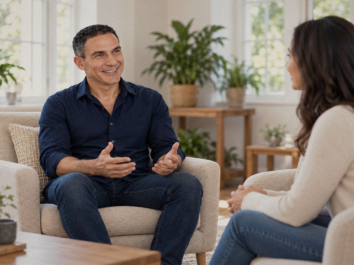 Gal and a client talking in separate armchairs